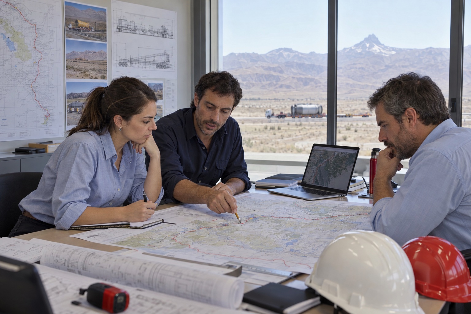 Equipo de profesionales planificando un traslado sobre mapas y planos